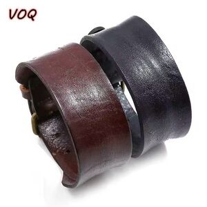 Vintage Cowhide Leather Wide Wristband Adjustable Cuff Bangles for Men Women 2pc